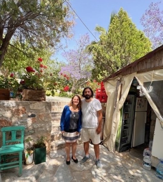 A photo of Leyla Yvonne Ergil and Aras Akanaras from the festival committee of Datça Kültür Sanat Dayanışması (Datça Culture and Arts Solidarity), Datça, Türkiye, May 20, 2024. (Photo Courtesy of Leyla Yvonne Ergil)