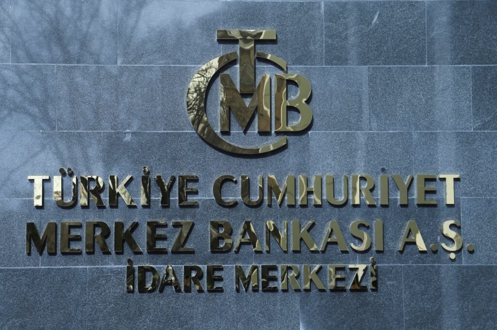 A logo of the Central Bank of the Republic of Türkiye (CBRT) at the entrance to its headquarters, Ankara, Türkiye, Feb. 8, 2024. (Reuters Photo)
