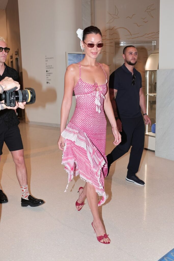 The renowned model Bella Hadid known for her activism and Palestinian heritage, graced the Croisette in a stunning ensemble from Michael and Hushi crafted entirely from keffiyeh fabric, Cannes, France, May 23, 2024. (Photo courtesy of Vogue)