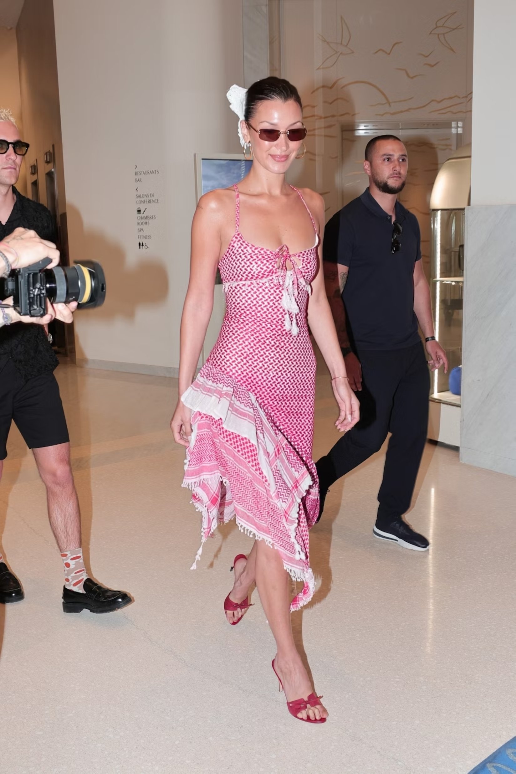 The renowned model Bella Hadid known for her activism and Palestinian heritage, graced the Croisette in a stunning ensemble from Michael and Hushi crafted entirely from keffiyeh fabric, Cannes, France, May 23, 2024. (Photo courtesy of Vogue)