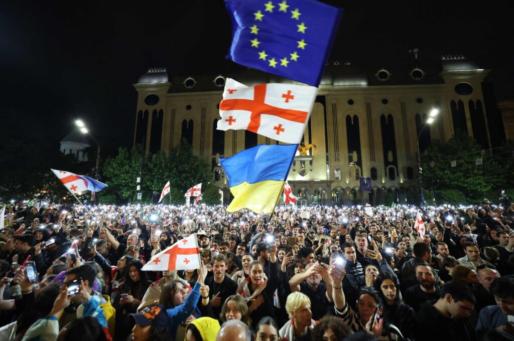 Protesters rally against the foreign influence law outside Georgia's Parliament in Tbilisi, Georgia, May 15, 2024. (AFP Photo)