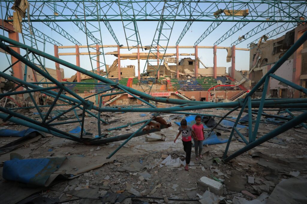Palestinian children are seen at a sports facility destroyed in Israeli attack on Gaza, Palestine, May 24, 2024. (AA Photo)