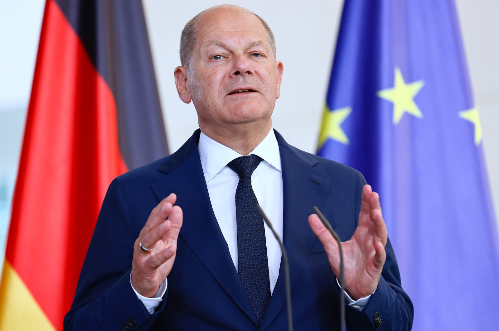 German Chancellor Olaf Scholz attends a joint press conference with Portuguese Prime Minister Luis Montenegro (not seen) after their meeting at the Chancellery in Berlin, May 24, 2024. (EPA Photo)