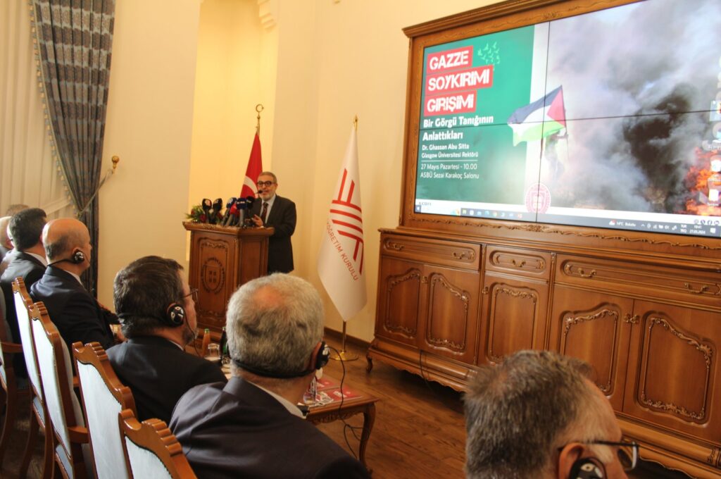 Dr. Ghassan Abu-Sitta speaks at the conference at Ankara Social Sciences University, Ankara, Türkiye, May 27, 2024. (DHA Photo)