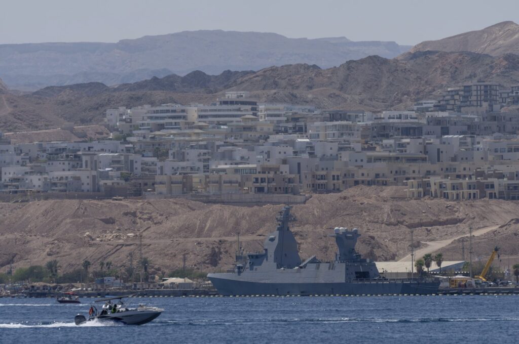 A Saar-6 corvette, the latest-generation warship which Israel is using for its naval defense system amid maritime threats from Yemen's Houthi rebels, is seen in waters in Eilat, Israel, April 16, 2024. (AP Photo)