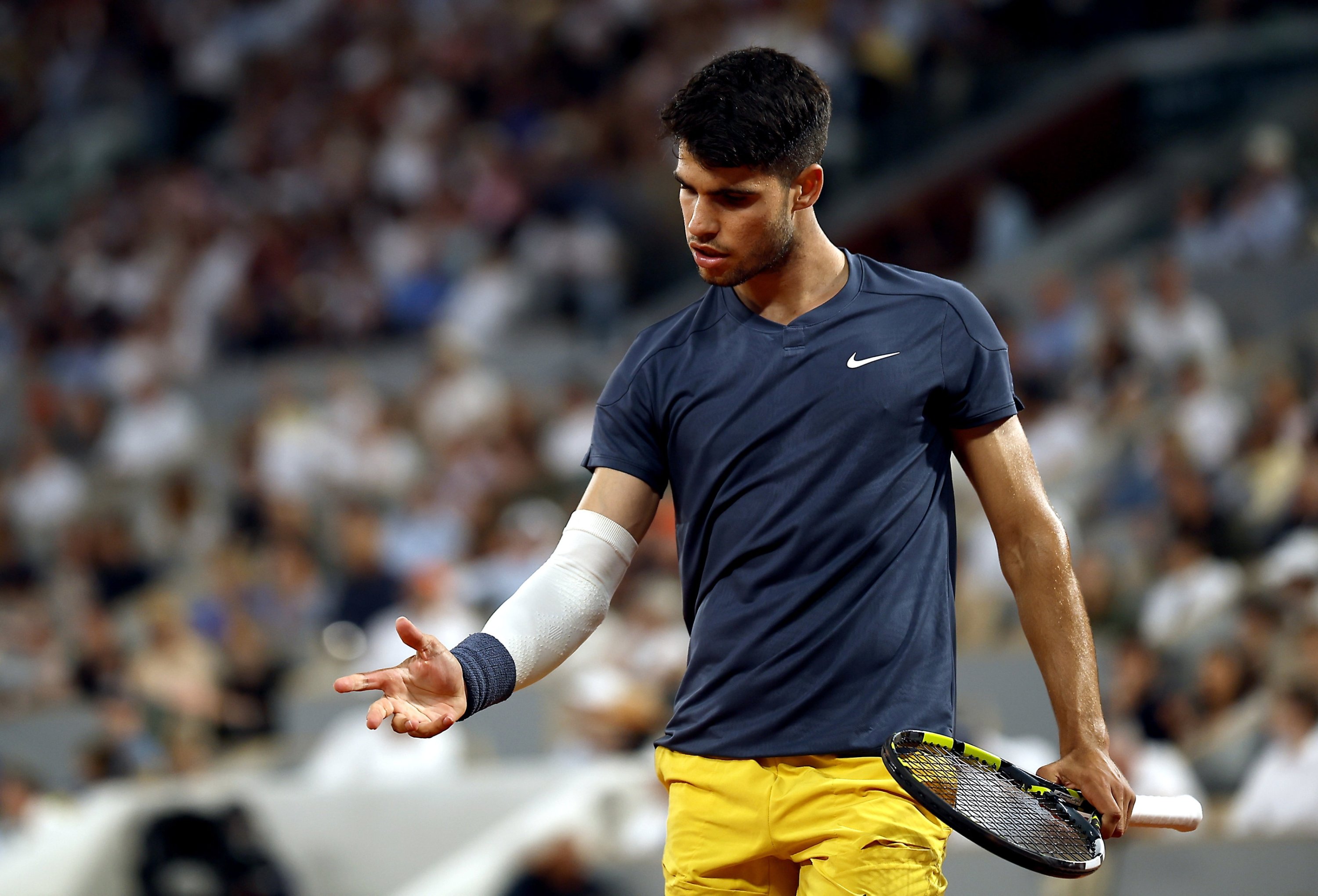 329896 Carlos Alcaraz in action against Jeffrey Wolf of USA during their men's singles first round match during the French Open Grand Slam tennis tournament at Roland Garros, Paris, France, May 26, 2024. (EPA Photo)
