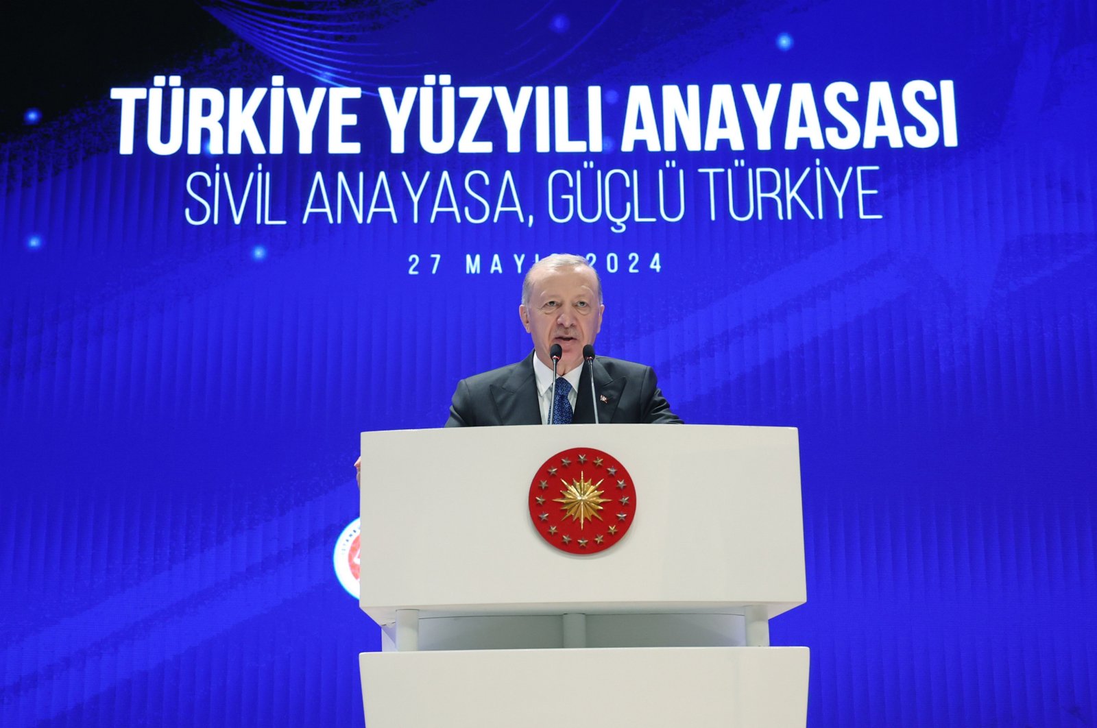 President Recep Tayyip Erdoğan speaks at the symposium on Democracy and Freedom Island, Istanbul, Türkiye, May 27, 2024. (AA Photo)