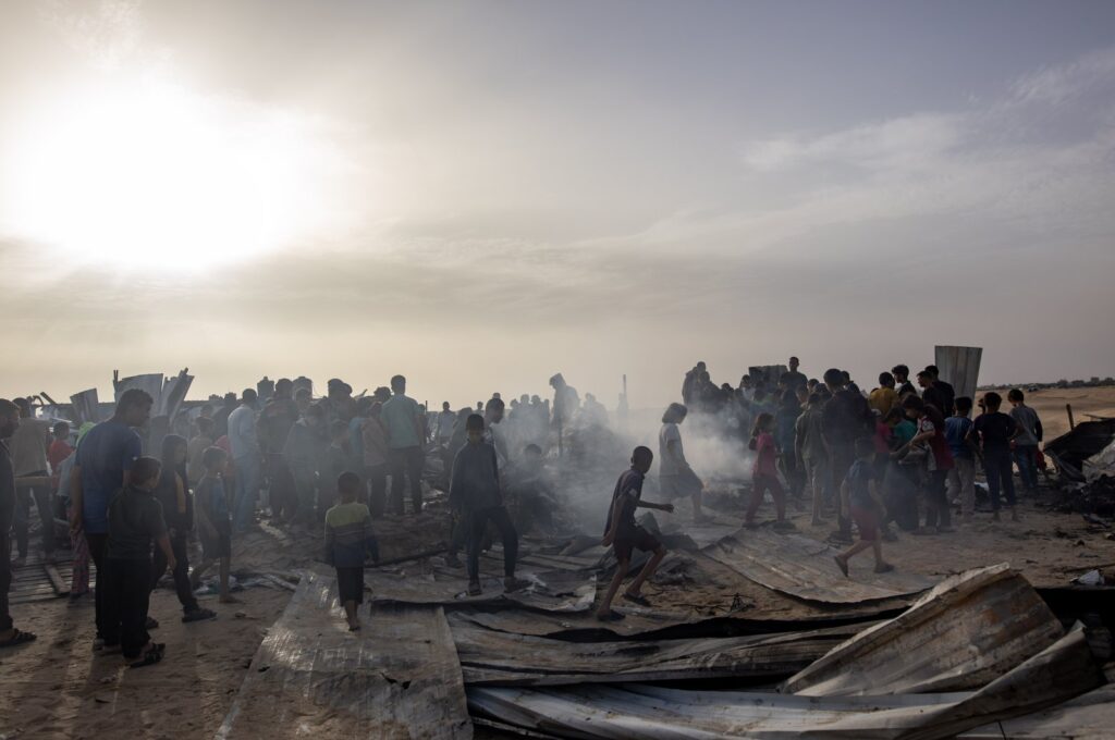 Palestinians inspect the damage after an Israeli airstrike on a tent camp at an area designated for displaced people in Rafah, southern Gaza Strip, Palestine, May 27, 2024. (EPA Photo)