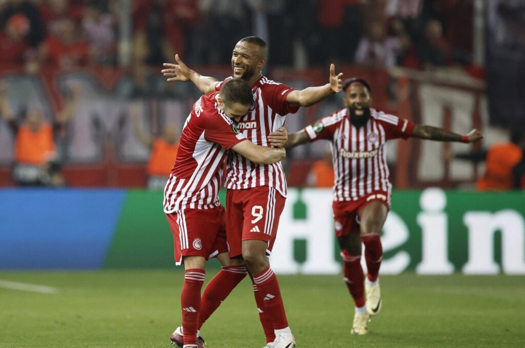 Olympiacos' Ayoub El Kaabi (C) celebrates scoring their second goal during the Europa Conference League semifinal match against Aston Villa at the Karaiskakis Stadium, Piraeus, Greece, May 9, 2024. (Reuters Photo)
