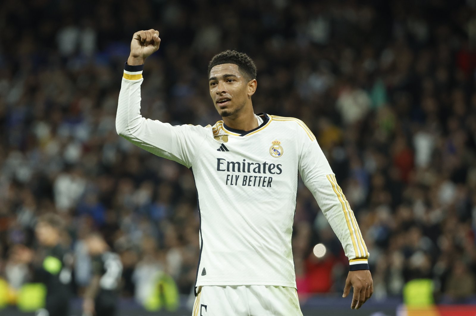 Real Madrid's midfielder Jude Bellingham celebrates after scoring the 2-1 goal during the UEFA Champions League group C match against Napoli, Madrid, Spain, Nov. 29, 2023. (EPA Photo)