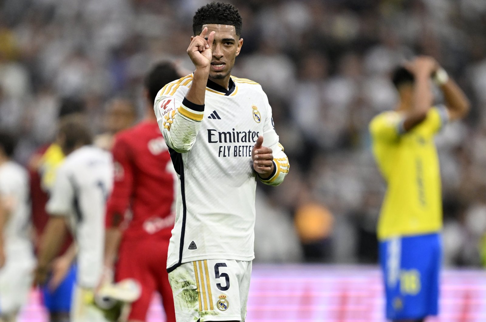 Real Madrid's Jude Bellingham gestures at the end of the match against Cadiz at the Santiago Bernabeu stadium, Madrid, Spain, May 4, 2024. (AA Photo)