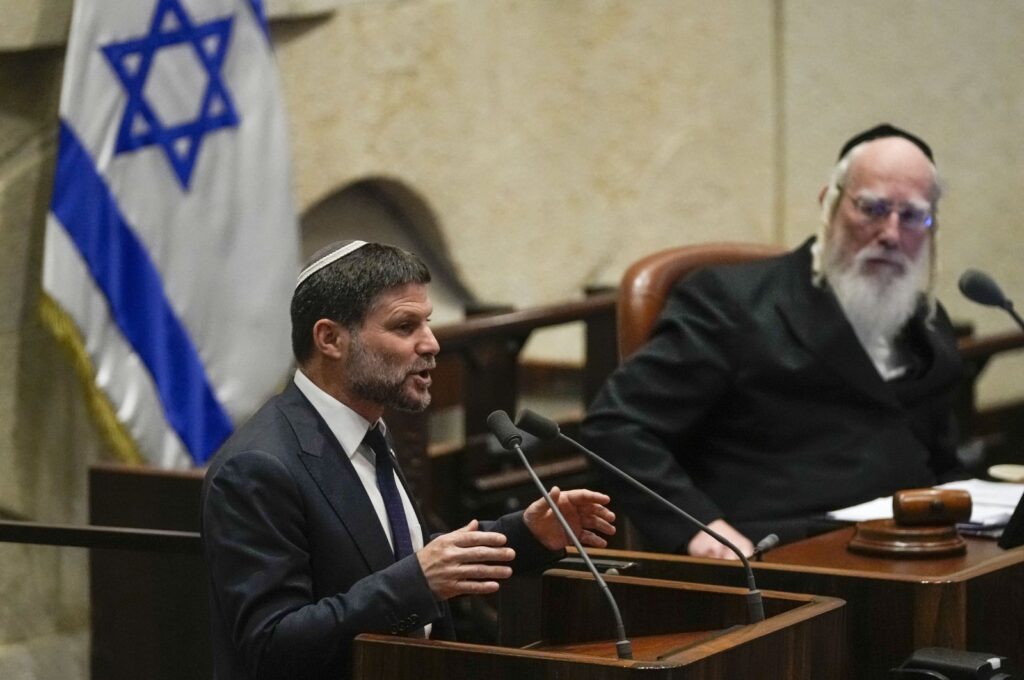 Extremist Finance Minister Bezalel Smotrich speaks at Israel's parliament, west Jerusalem, Israel, July 10, 2023. (AP File Photo)