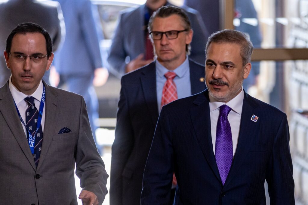 Foreign Minister Hakan Fidan (R) arrives for the informal NATO foreign ministers meeting, Prague, Czechia, May 31, 2024. (EPA Photo)