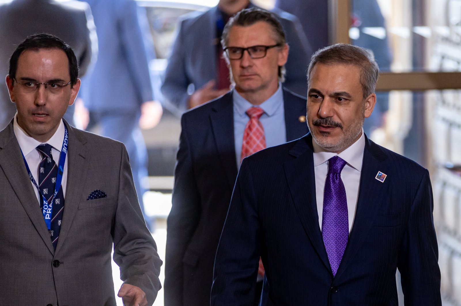 Foreign Minister Hakan Fidan (R) arrives for the informal NATO foreign ministers meeting, Prague, Czechia, May 31, 2024. (EPA Photo)
