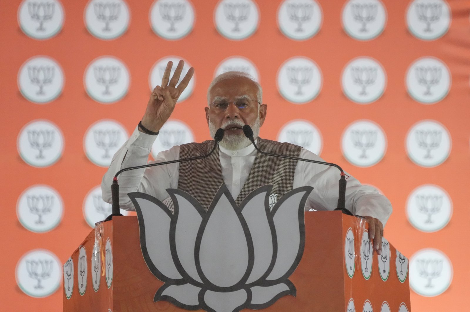 Narendra Modi, India's Prime Minister and leader of the ruling Bharatiya Janata Party (BJP) addresses his supporters during a public meeting in Hyderabad, India, May 10, 2024. (AA Photo)