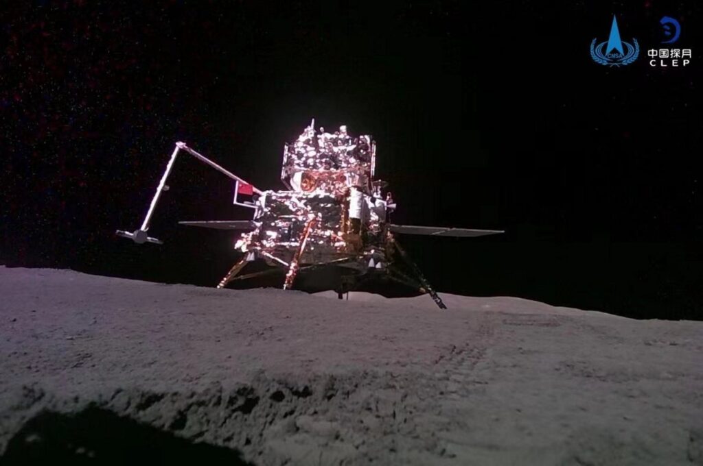 This photo released on June 4, 2024, shows a view of the lander-ascender taken from the "mobile camera" carried by the Chang'e-6 probe after it landed on the moon's surface.