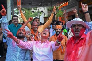Members of the Hindu extremist Shiv Sena (UBT) party celebrate vote counting results for India's general election, in Mumbai, India, June 4, 2024. (AFP Photo)