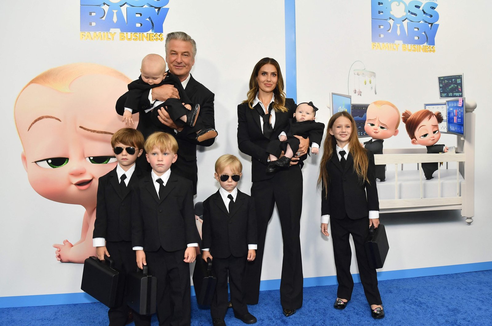 U.S. actor Alec Baldwin (L), wife Hilaria Baldwin (R) and their children attend DreamWorks Animation's "The Boss Baby: Family Business" premiere at SVA Theatre, New York City, New York, U.S., June 22, 2021. (AFP Photo)
