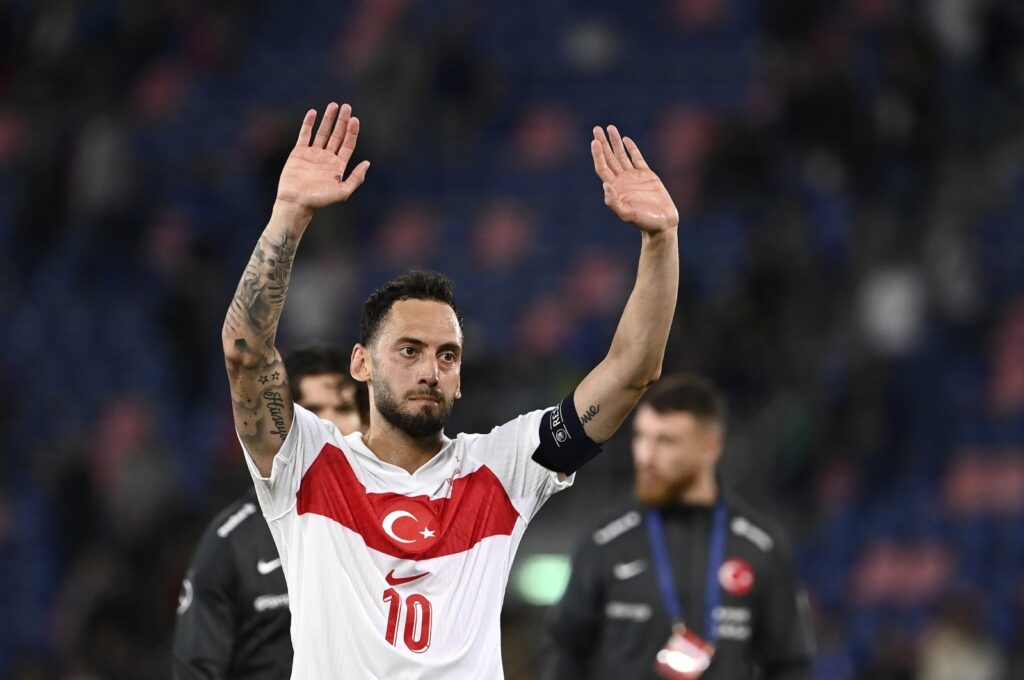 Turkish national team captain Hakan Çalhanoglu waves at fans after the Italy friendly match at the Renato Dall'Ara Stadium, Bologna, Italy, June 4, 2024. (AA Photo)