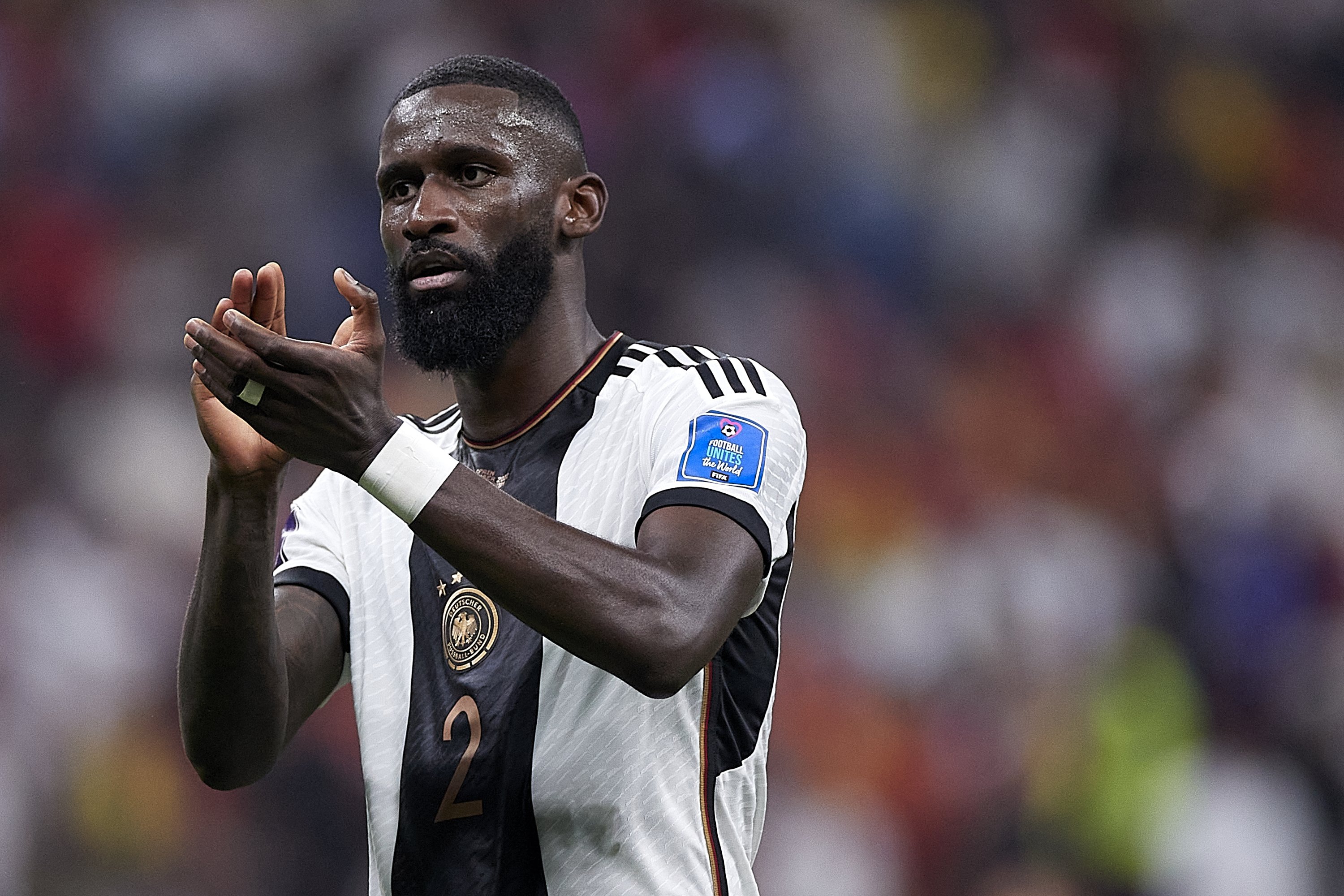 331369 Germany's Antonio Rudiger shows appreciation to the fans at the end of the FIFA World Cup Qatar 2022 Group E match against Spain at Al-Bayt Stadium, al-Khor, Qatar, Nov. 27, 2022. (Getty Images Photo)