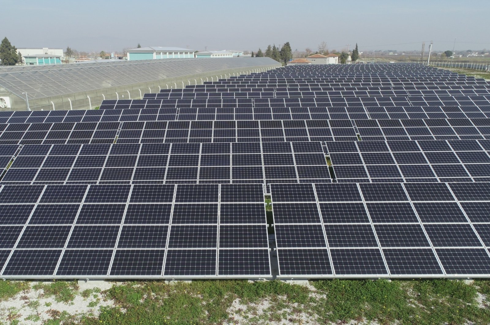 An aerial view of solar panels installed in Manisa, western Türkiye, May 27, 2024. (IHA Photo)