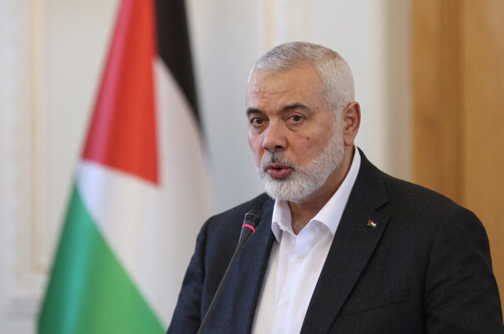Hamas leader Ismail Haniyeh speaks during a press conference in Tehran, Iran, March 26, 2024. (West Asia News Agency via Reuters)