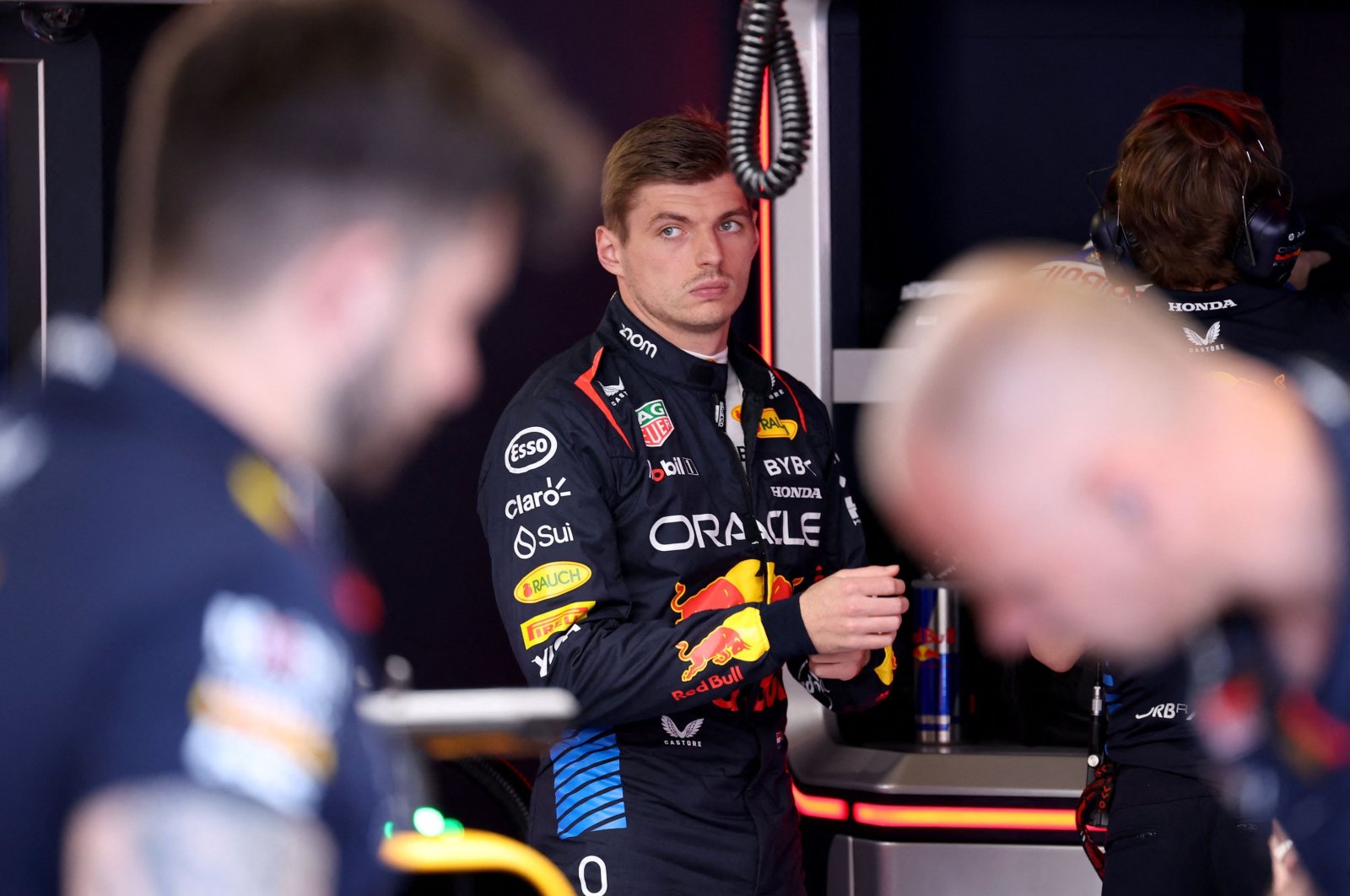 Red Bull Racing's Dutch driver Max Verstappen looks on from the pits during the qualifying session of the Formula One Monaco Grand Prix at the Circuit de Monaco, Monaco, May 25, 2024. (AFP Photo)