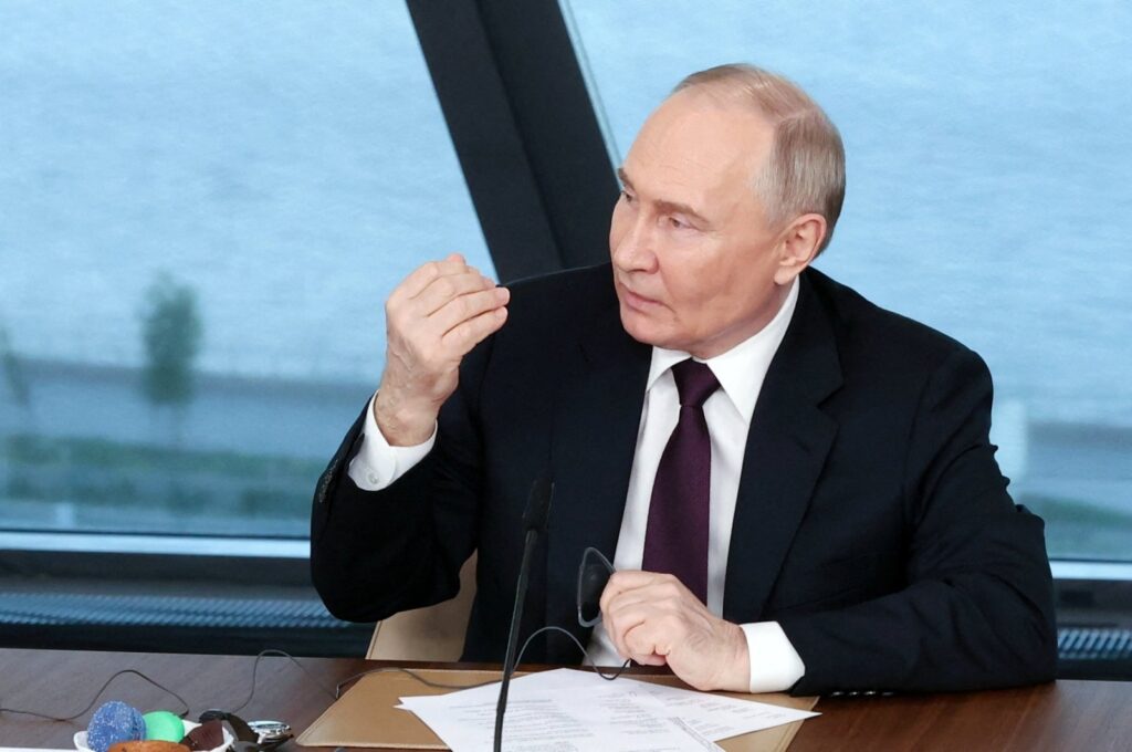 Russian President Vladimir Putin speaks during a meeting with senior editors from international news agencies at Lakhta Centre Business Tower in Saint Petersburg, Russia, June 5, 2024. (Reuters Photo)