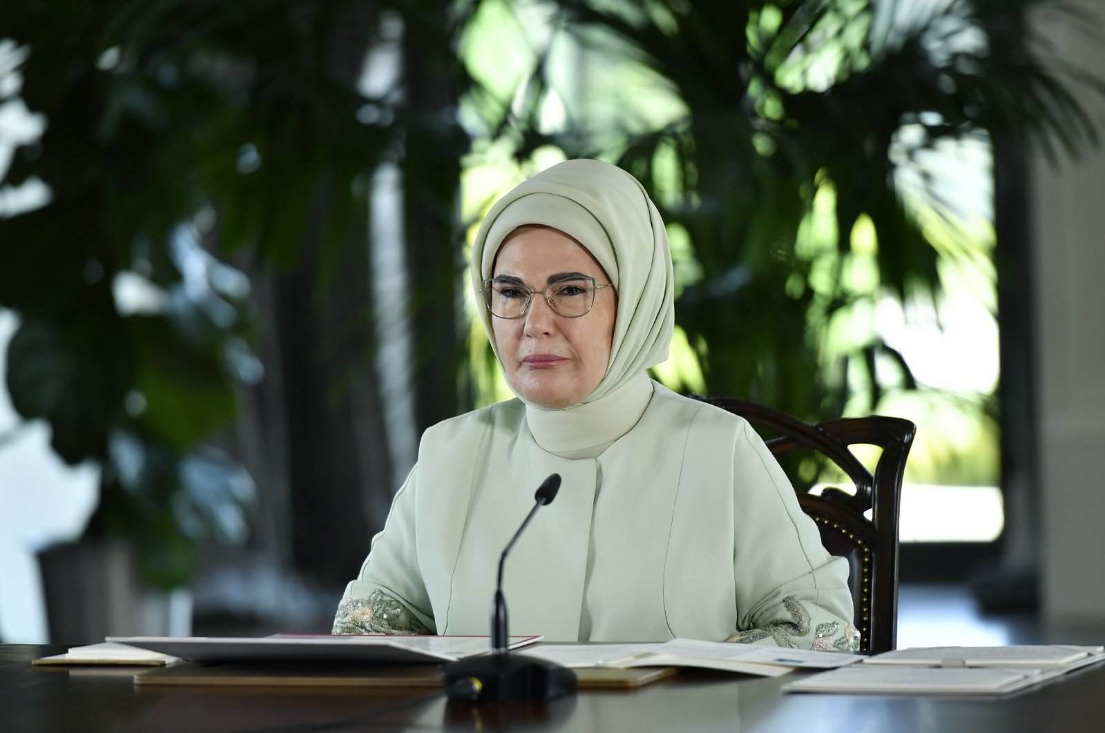 First lady Emine Erdoğan chairs the U.N. Zero Waste Advisory Board meeting online, Ankara, Türkiye, June 5, 2024. (AA Photo)