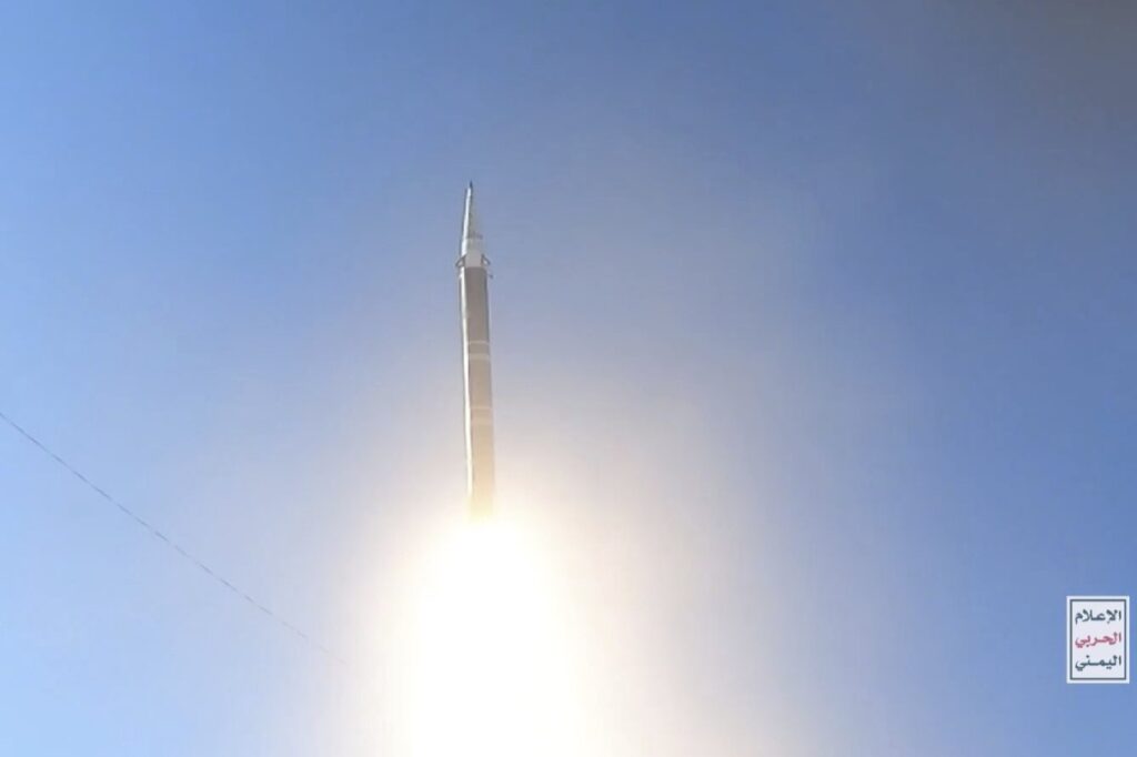 This frame grab from video released by the Ansar Allah Media Office of Yemen's Houthi rebels shows the launch of a Palestine missile from a rebel-controlled area of Yemen, June 5, 2024. (AP Photo)