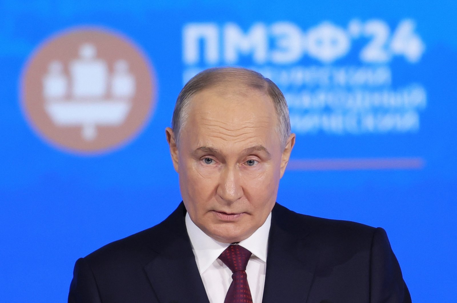 Russia's President Vladimir Putin delivers a speech during the Saint Petersburg International Economic Forum (SPIEF) in Saint Petersburg on June 7, 2024. (AFP Photo)