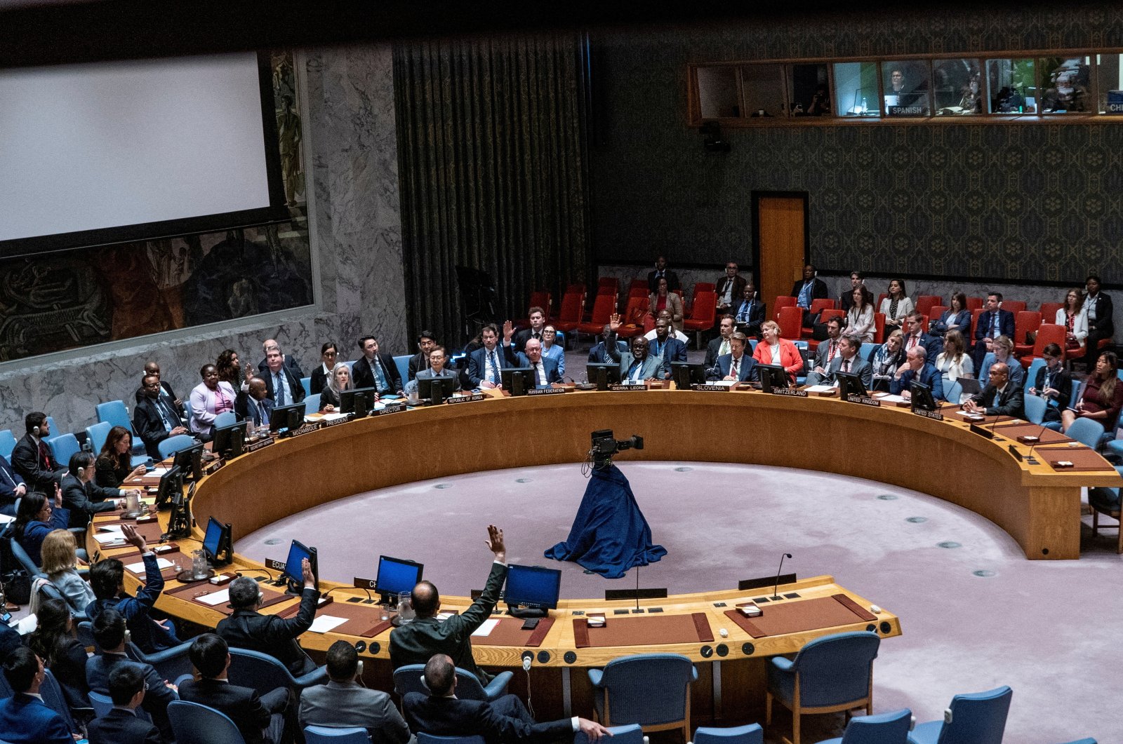 Members of the United Nations Security Council vote on a resolution on non-proliferation during a meeting on the maintenance of International Peace and Security Nuclear disarmament and non-proliferation at U.N. headquarters in New York City, U.S., May 20, 2024. (Reuters File Photo)