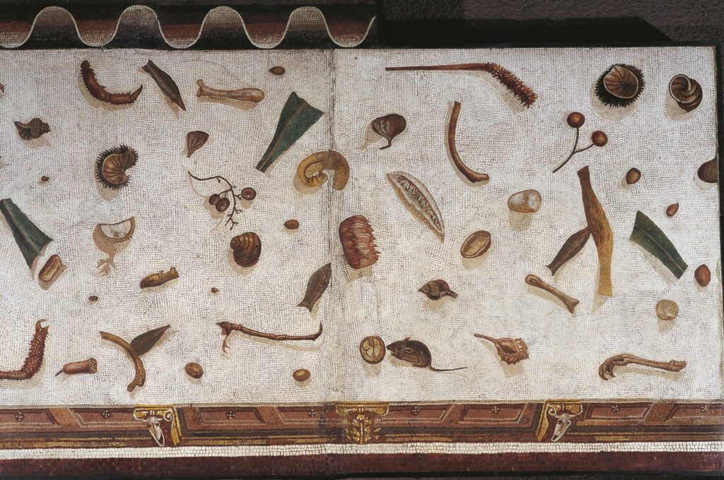 Asarotos oikos mosaic (unswept room), depicting a mouse feeding on food remains on the floor, Museo Gregoriano Profano, Vatican. (Getty Images Photo)