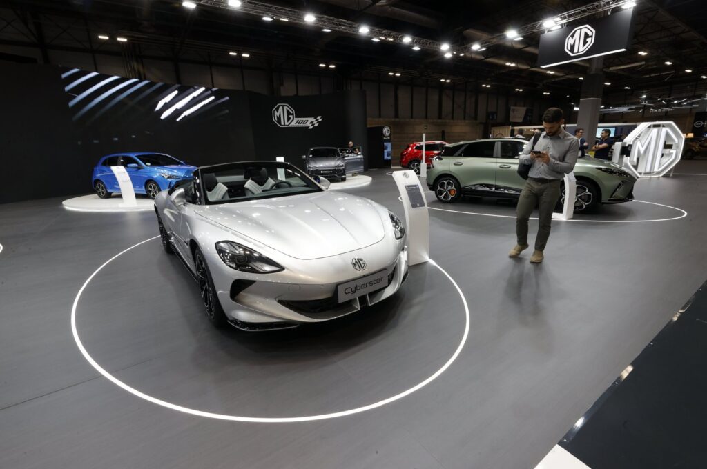 A model of MG Ciberster is displayed during the inauguration of the Madrid Car Experience motor show, Madrid, Spain, May 22, 2024. (EPA Photo)