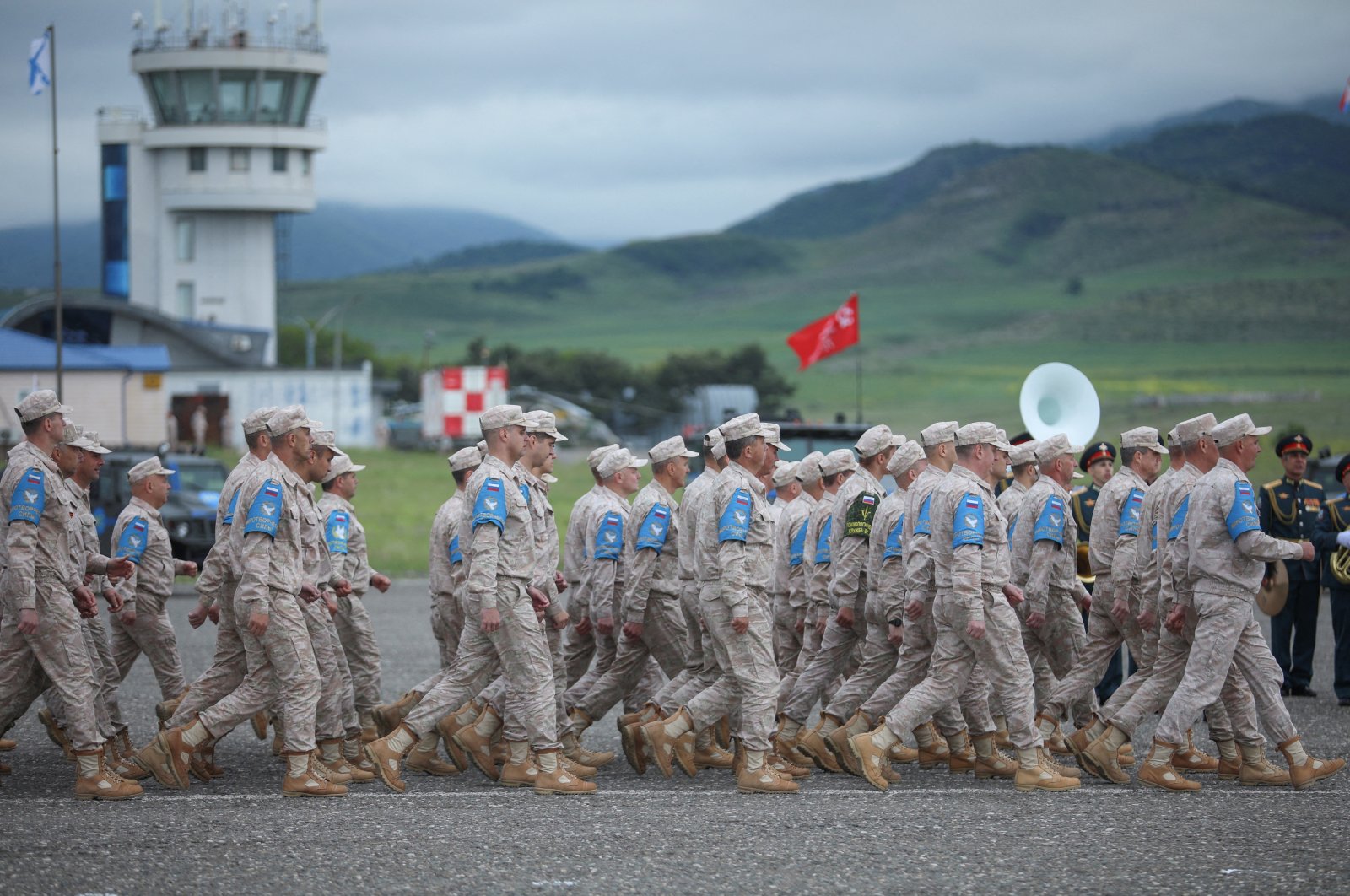 Russian service members attend a base closing ceremony in the course of peacekeeping troops' withdrawal from the territory of Karabakh region and areas nearby, in Khojaly, Azerbaijan, May 15, 2024. (Reuters File Photo)