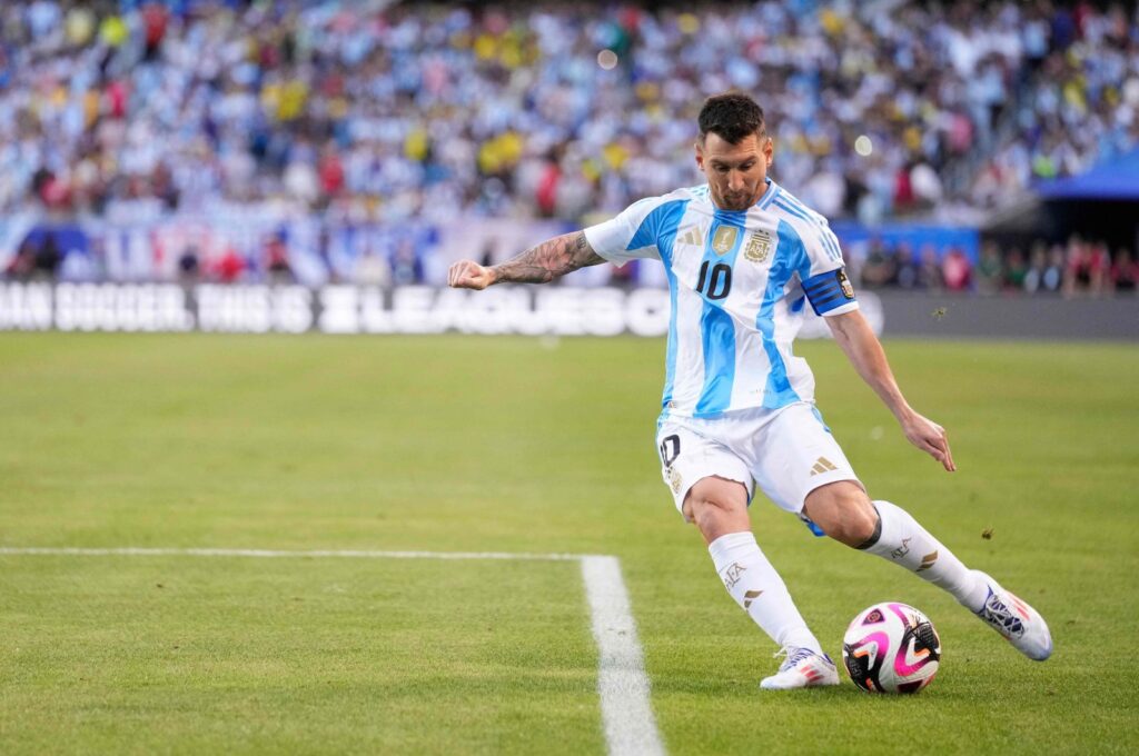Argentina's Lionel Messi takes a free kick in the second half against Ecuador during an International Friendly match at Soldier Field, Chicago, Illinois, U.S., June 9, 2024. (AFP Photo)