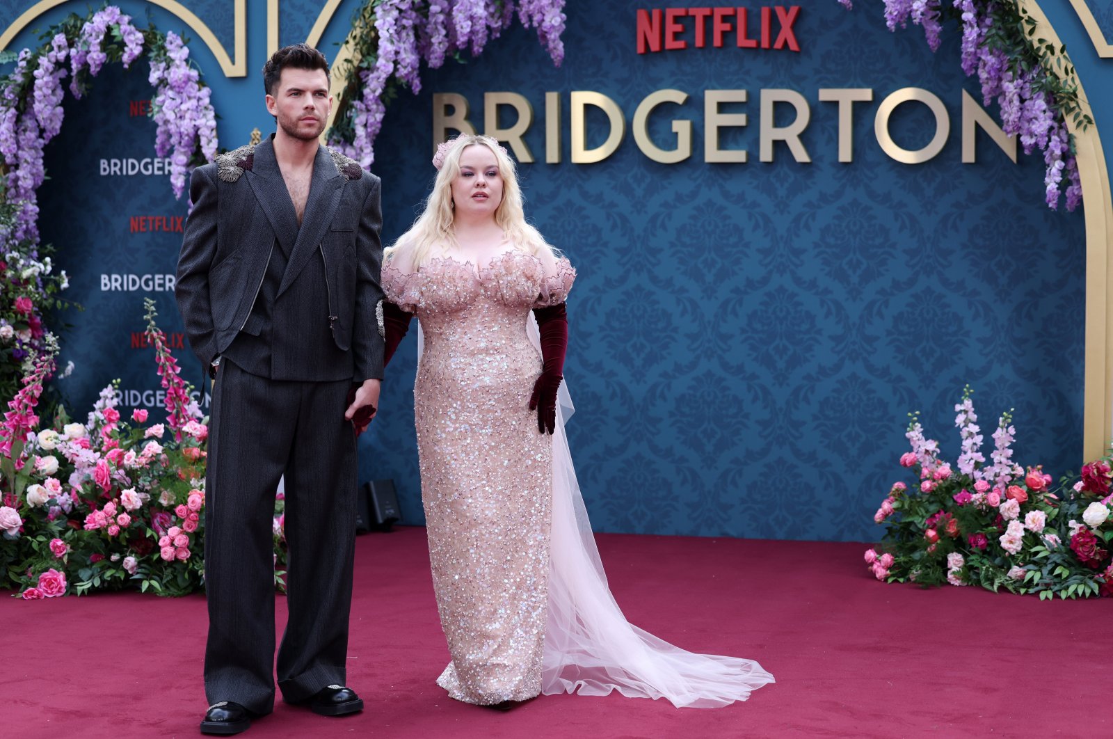 British actor Luke Newton (L) with Irish actor Nicola Coughlan attend the "Bridgerton" Season 3 Part 2 special film screening at Leicester Square, London, U.K., June 12, 2024. (EPA Photo)