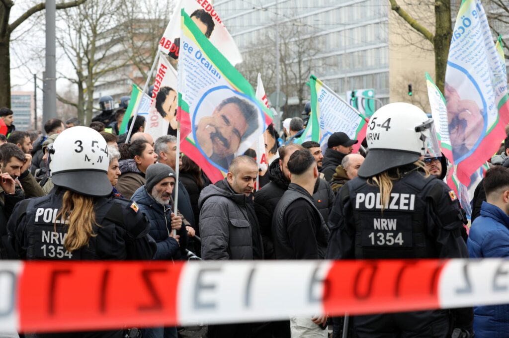 Police officers secure a demonstration of supporters of the PKK terrorist group demanding the release of the PKK's imprisoned leader Abdullah Öcalan, Cologne, Germany, Feb. 17, 2024. (Reuters Photo)