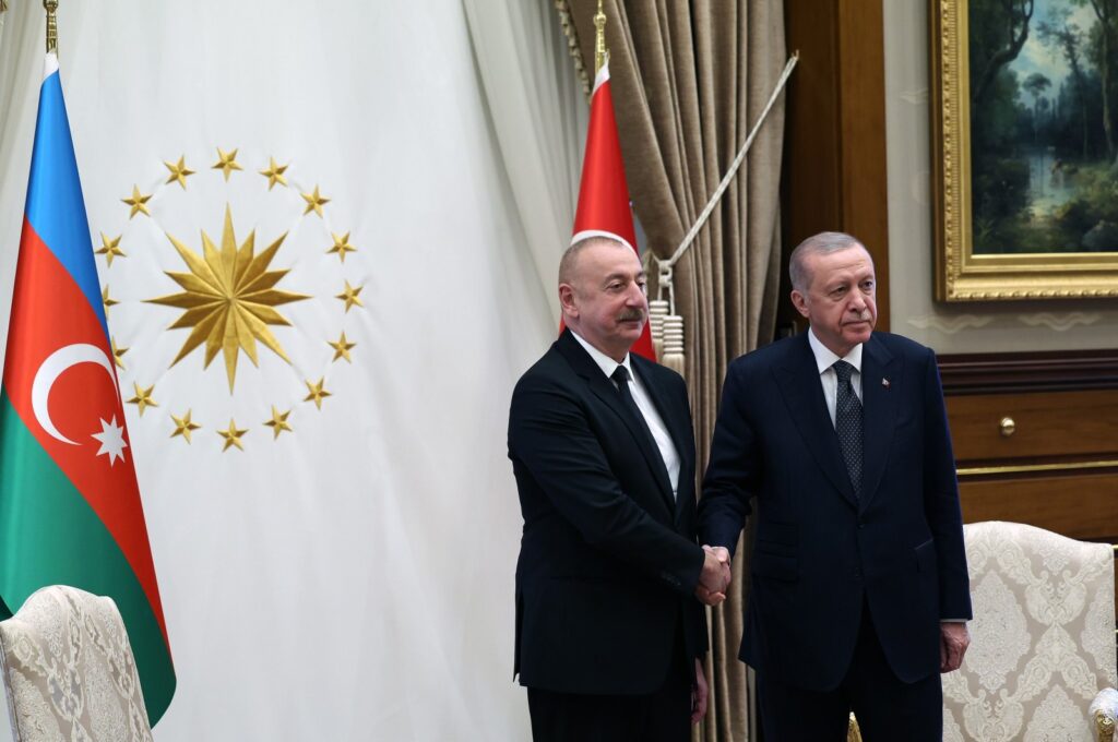 President Recep Tayyip Erdoğan (R) shakes hands with Azerbaijani President Ilham Aliyev in the Presidential Complex, Ankara, Türkiye, June 10, 2024. (IHA Photo)