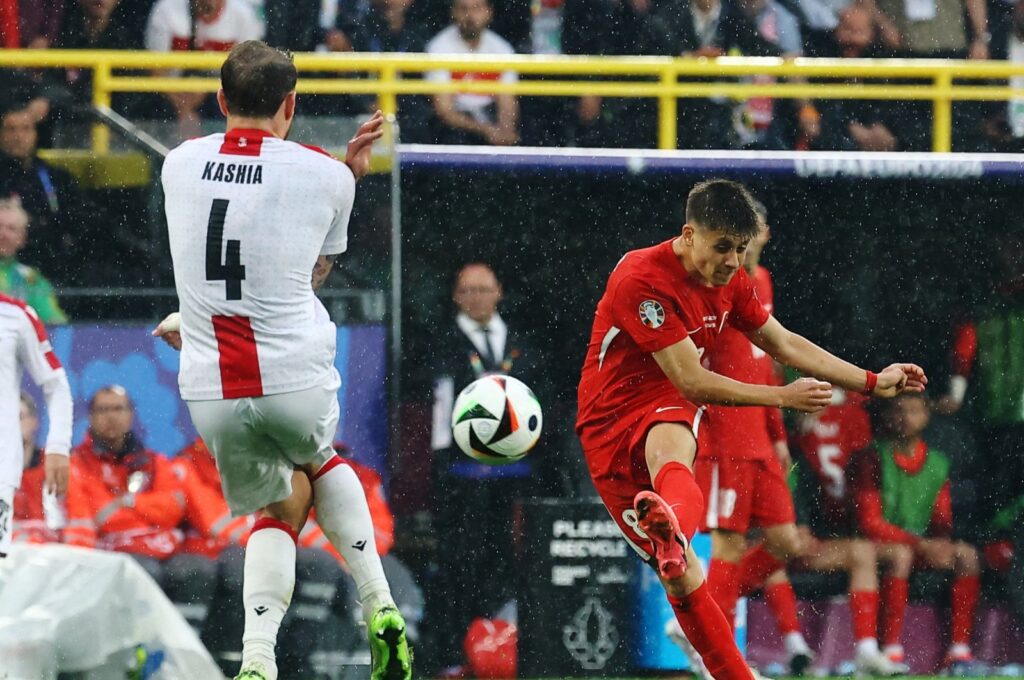 Türkiye's Arda Güler (R) scores against Georgia during the Euro 2024, Group F match at the Dortmund BVB Stadion, Dortmund, Germany, June 18, 2024. (Reuters Photo)