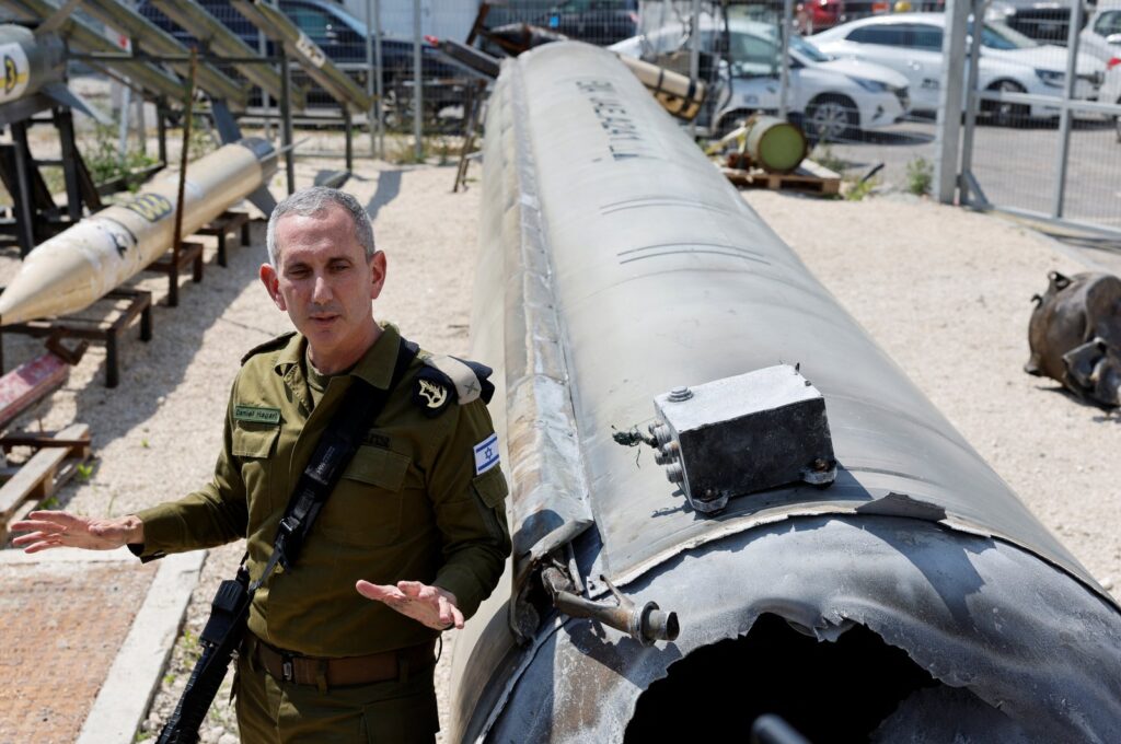 Israeli military spokesperson Rear Admiral Daniel Hagari speaks to the media as Israel's military displays what they say is an Iranian ballistic missile which they retrieved from the Dead Sea after Iran launched drones and missiles towards Israel, at Julis military base, in southern Israel April 16, 2024. (Reuters File Photo)