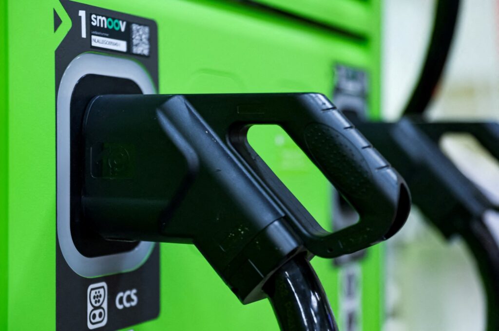 An electric vehicle charging station is displayed during an event a day ahead of the official opening of the 2023 Munich Auto Show IAA Mobility in Munich, Germany, Sept. 4, 2023.
