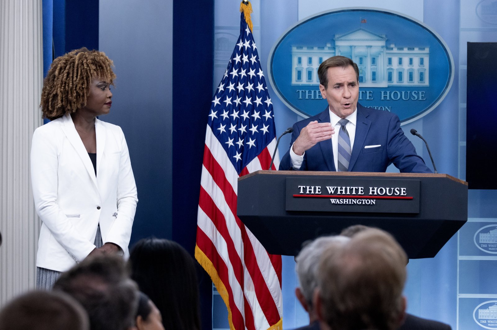 White House National Security Communications Advisor John Kirby (R) and White House Press Secretary Karine Jean-Pierre (L) participate in a news conference in the James Brady Press Briefing Room of the White House in Washington, D.C., June 17, 2024. (EPA Photo)