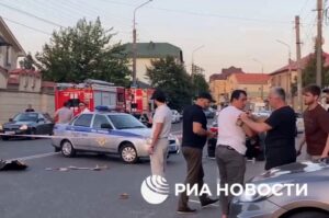 This screengrab shows an area sealed off by Police following deadly attacks on churches and a synagogue in Russia's North Caucasus region of Dagestan, June 23, 2024. (AFP Photo)