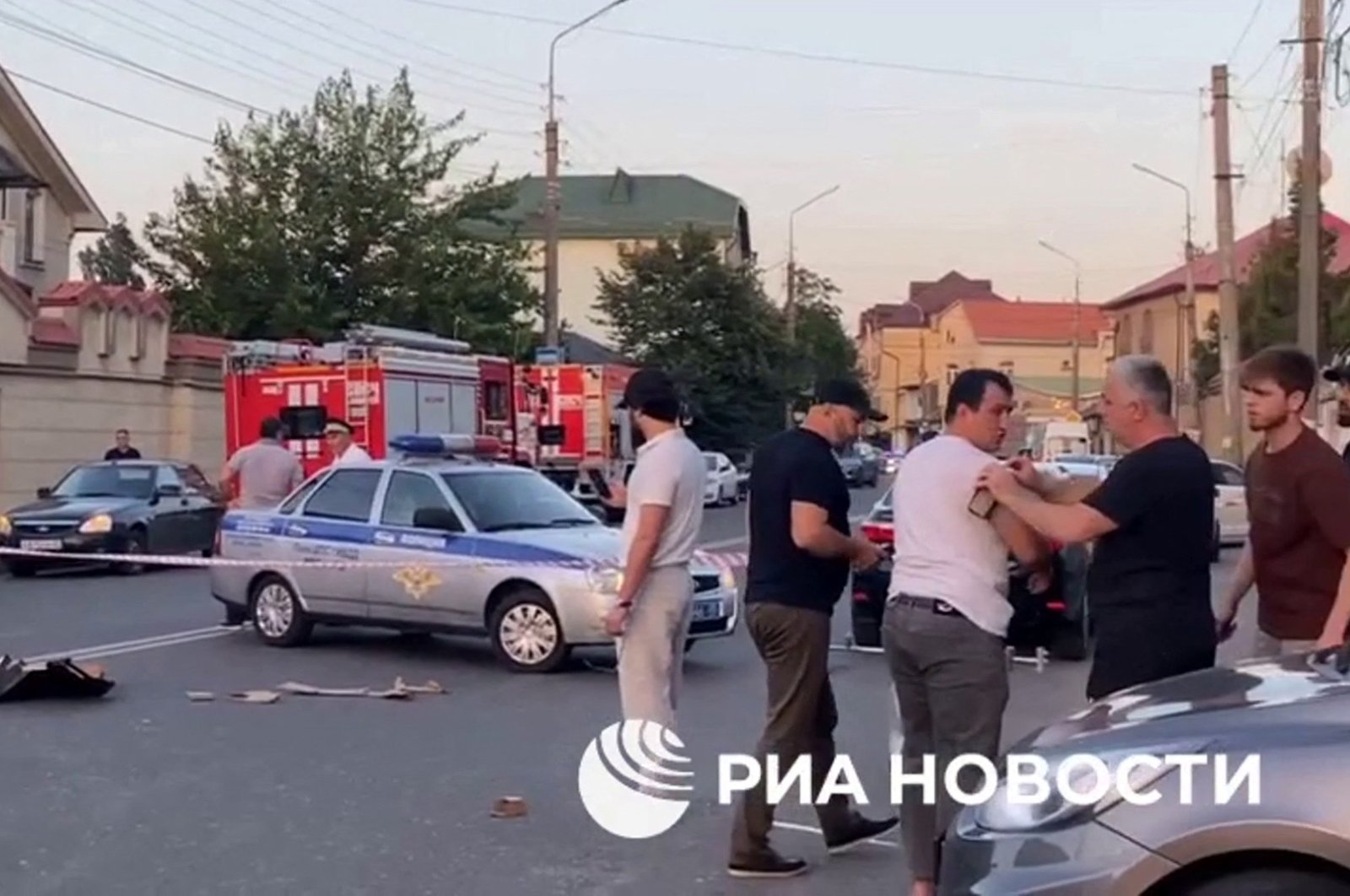 This screengrab shows an area sealed off by Police following deadly attacks on churches and a synagogue in Russia's North Caucasus region of Dagestan, June 23, 2024. (AFP Photo)