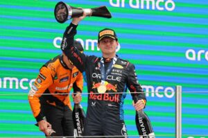 Red Bull's Dutch driver Max Verstappen celebrates on the podium winning the Spanish Formula One Grand Prix at the Circuit de Catalunya, Barcelona, Spain, June 23, 2024. (AFP Photo)