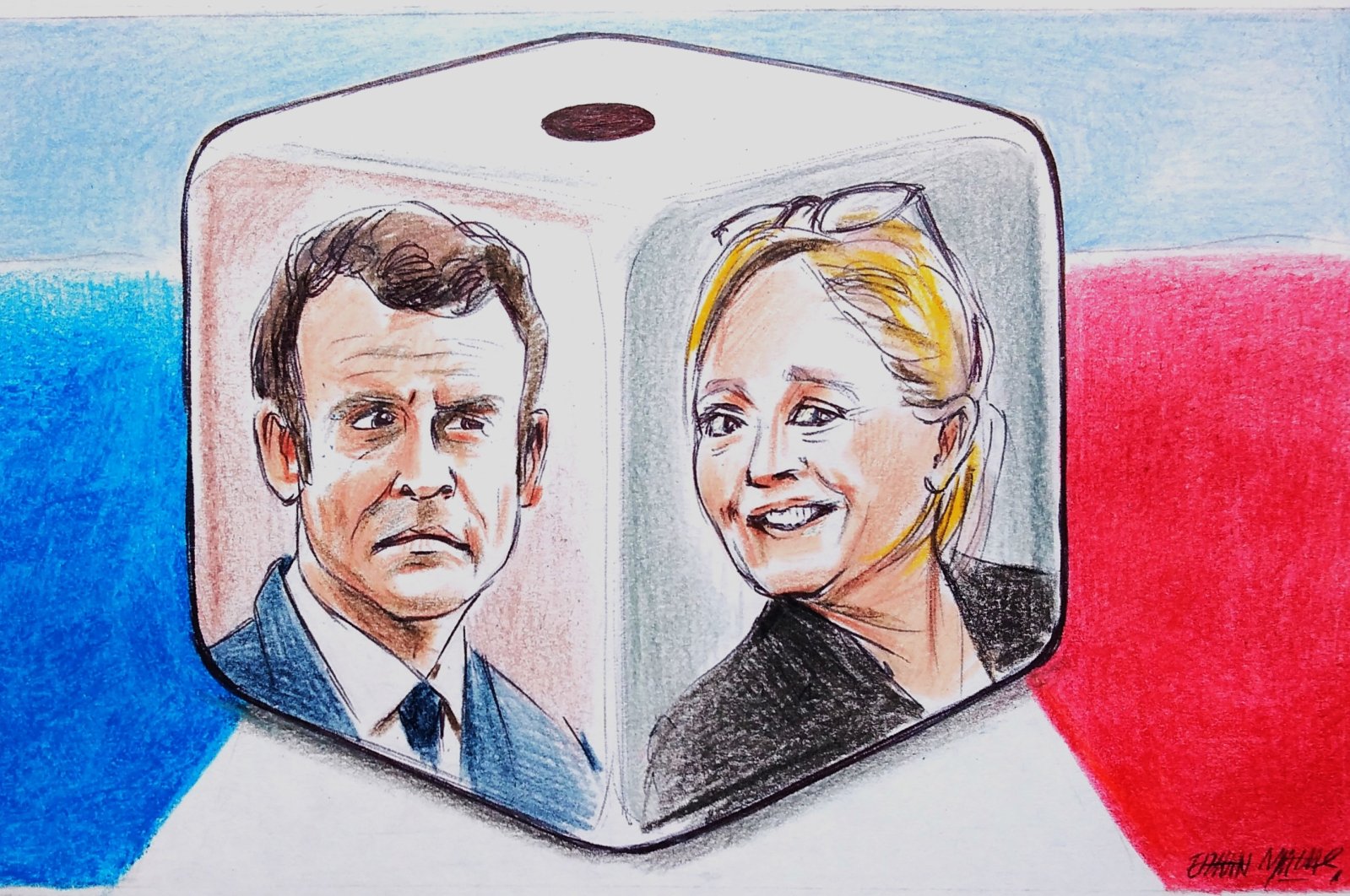 The illustration shows French President Emmanuel Macron (L) and France's far-right National Rally (RN) party's leader Marine Le Pen as legislative elections near. (Illustration by Erhan Yalvaç)