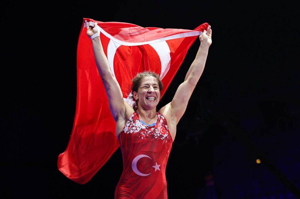Türkiye's Yasemin Adar Yiğit during the women's wrestling 76 kg. weight class gold medal match against Austria's Martina Kuenzat the European Wrestling Championship, Zagreb, Croatia, April 20, 2023. (Getty Images Photo)