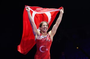 Türkiye's Yasemin Adar Yiğit during the women's wrestling 76 kg. weight class gold medal match against Austria's Martina Kuenzat the European Wrestling Championship, Zagreb, Croatia, April 20, 2023. (Getty Images Photo)