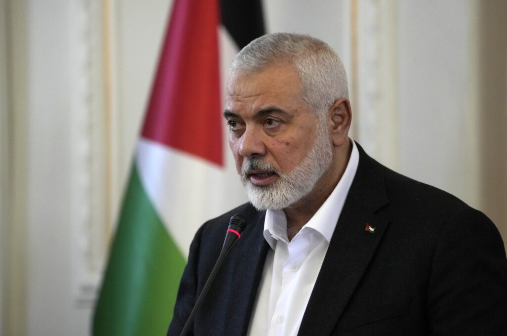 Hamas chief Ismail Haniyeh speaks during a press briefing in Tehran, Iran, March 26, 2024. (AP Photo)